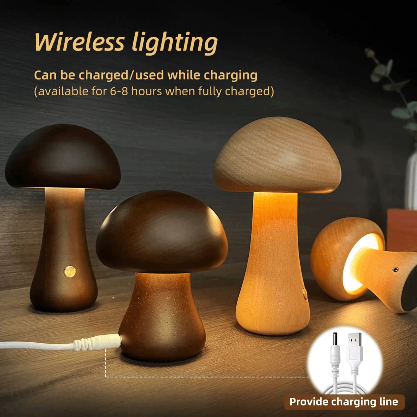 Mushroom Lamp, Dimmable LED Creative Wood Night Light with USB Charging for Home Decor