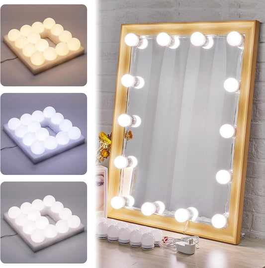 Hollywood Led Vanity Lights Strip Kit with 14 Dimmable Light Bulbs for Full Body Length Makeup Mirror, Wall Mirror, Plug in Vanity Mirror Lights with Power Supply, 3 Color Modes, Mirror Not Included