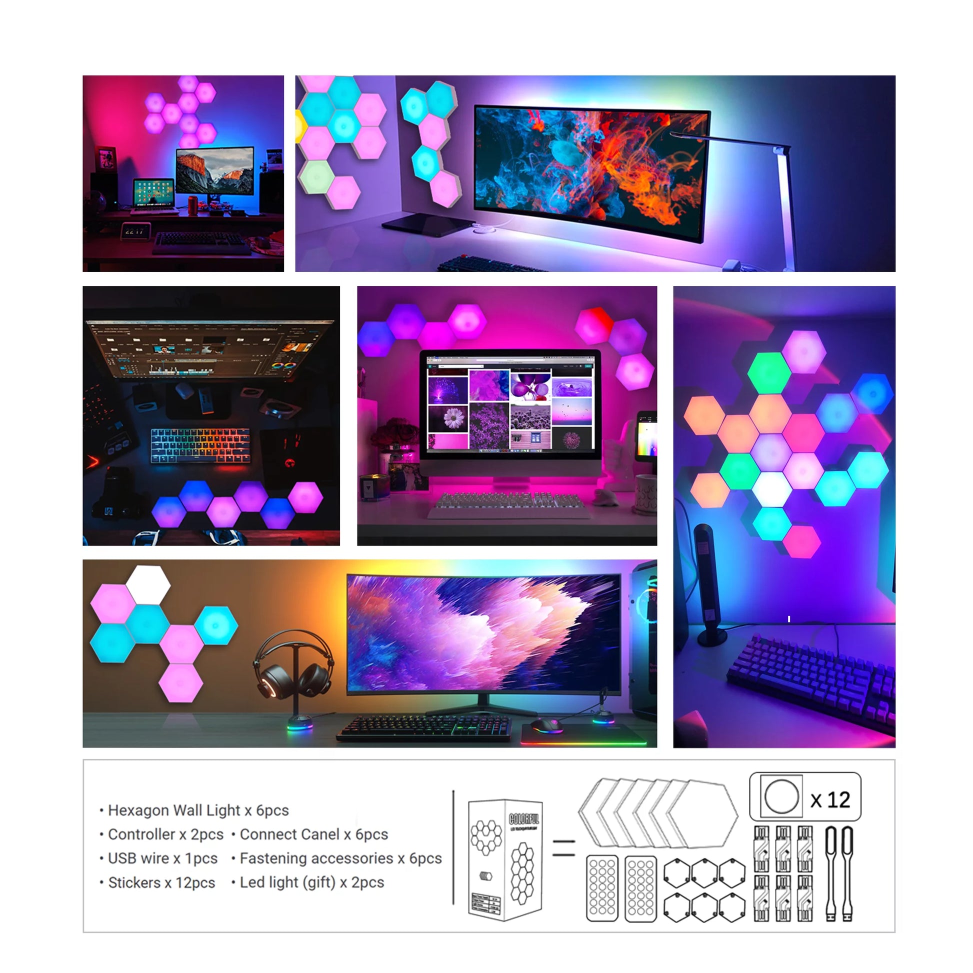 Hexagon Lights, RGB LED Wall Lights with Remote, Smart DIY Touch Sensitive for Game Room Decor, Party (6-Pack)