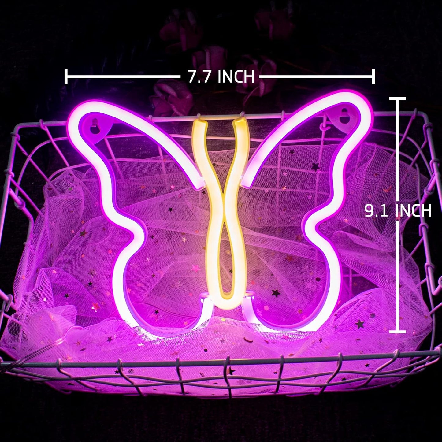 Neon Signs for Bedroom, Butterfly Neon Signs LED Lights USB or Battery Powered,Led Neon Light as Neon Wall Signs for Girls, Light up Sign for Christmas Party Wedding Kids Room (Pink+Yellow)