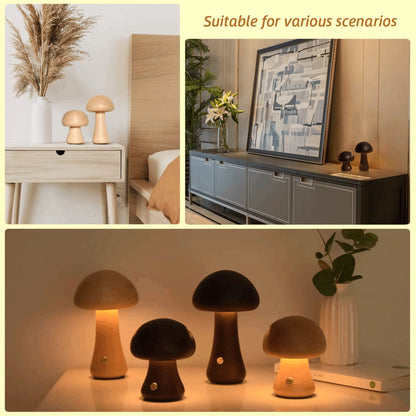 Mushroom Lamp, Dimmable LED Creative Wood Night Light with USB Charging for Home Decor