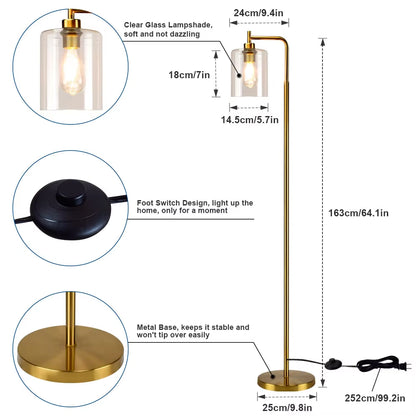 Nordic Vertical Metal LED Floor Lamp Glass Shade Brass Pole Arc Tall Lighting for Living Bedroom Office E26 Gold/Black