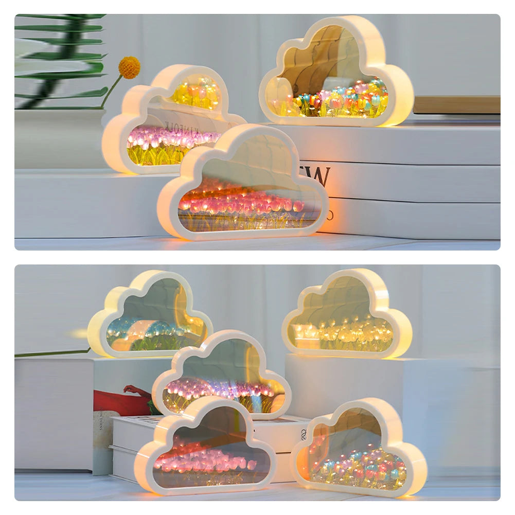 New Tulip Cloud Lamp, DIY Tulip Cloud Mirror Night Light, Bedroom Decoration for Teen Girls Friends Birthday Anniversary Gifts