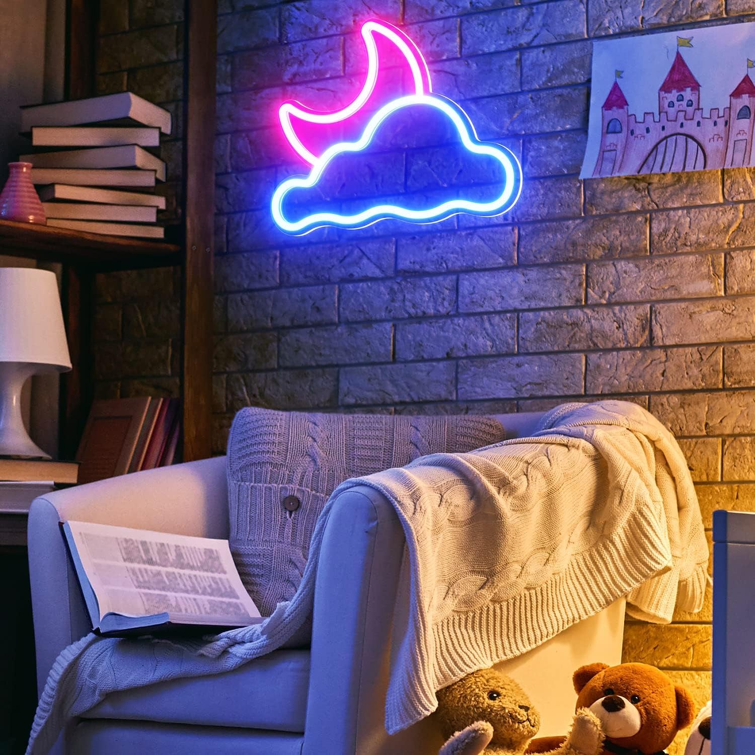 Neon Sign, Moon Cloud Acrylic LED Neon Light for Wall Decor, Battery or USB Powered Light up Neon Sign for Bedroom, Kids Room, Living Room, Bar, Party, Christmas, Wedding