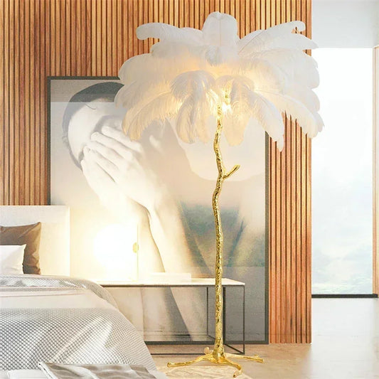 Nordic LED Floor Lamp for Living Room Modern Resin Luxury Ostrich Feather Floor Lamps Bedroom Sofa Corner Indoor Standing Lights