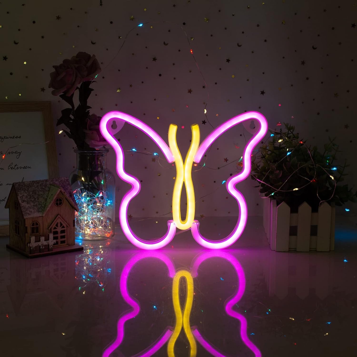 Neon Signs for Bedroom, Butterfly Neon Signs LED Lights USB or Battery Powered,Led Neon Light as Neon Wall Signs for Girls, Light up Sign for Christmas Party Wedding Kids Room (Pink+Yellow)