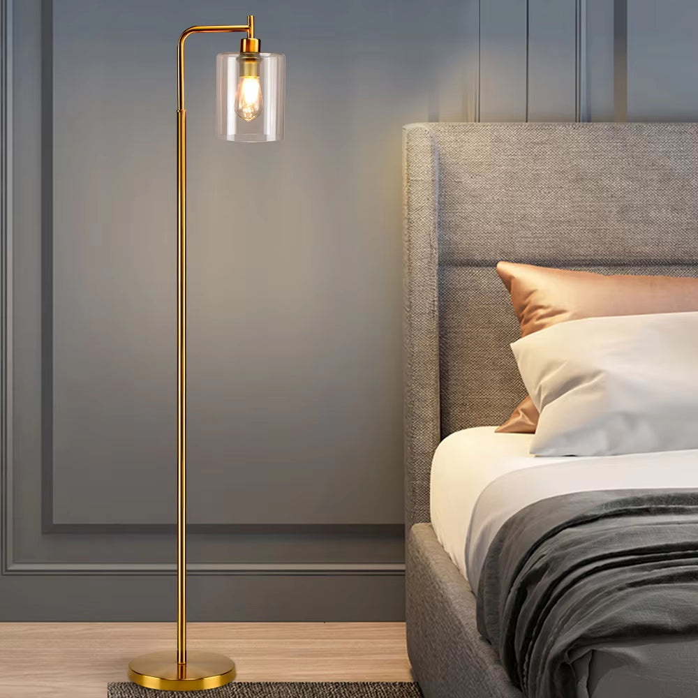 Nordic Vertical Metal LED Floor Lamp Glass Shade Brass Pole Arc Tall Lighting for Living Bedroom Office E26 Gold/Black