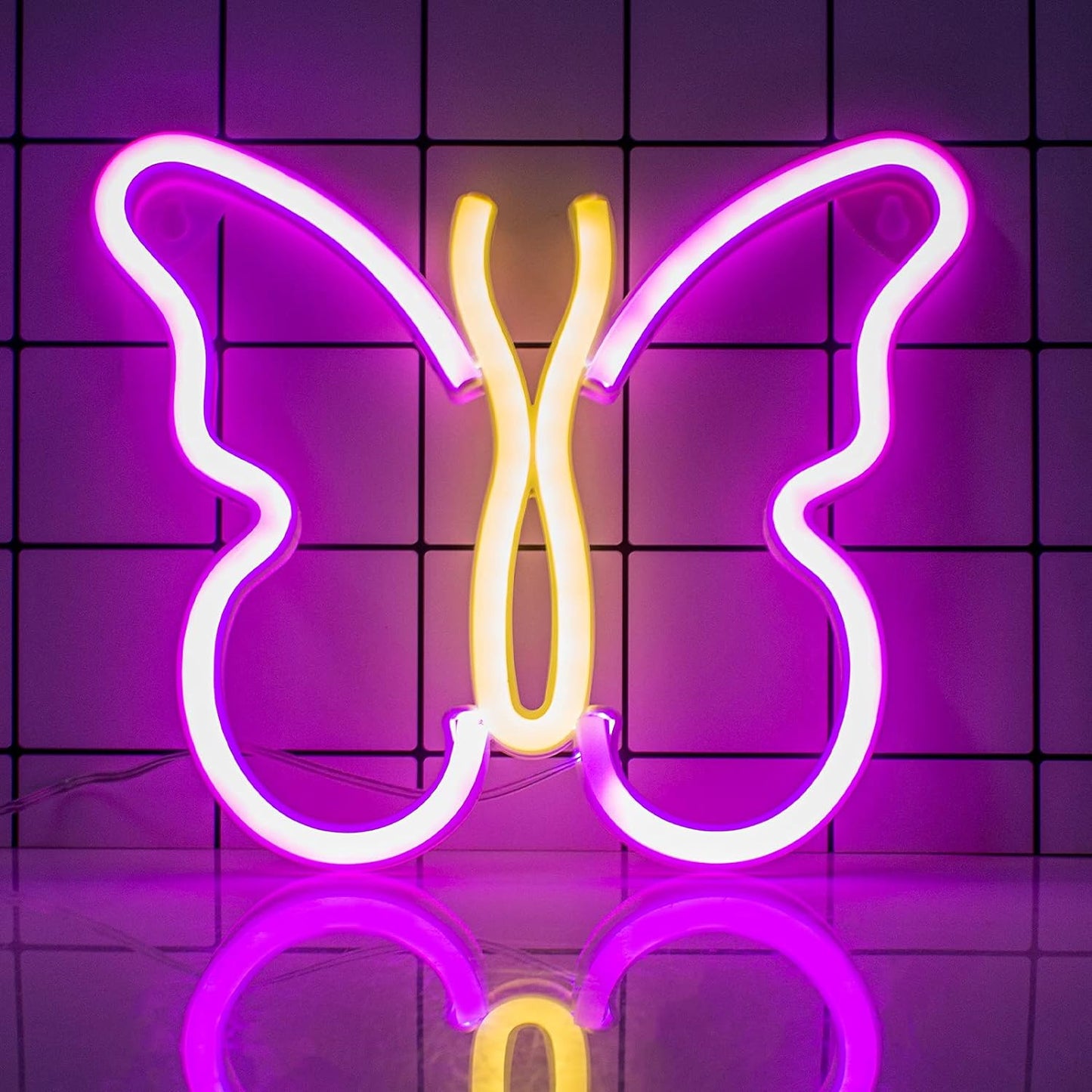 Neon Signs for Bedroom, Butterfly Neon Signs LED Lights USB or Battery Powered,Led Neon Light as Neon Wall Signs for Girls, Light up Sign for Christmas Party Wedding Kids Room (Pink+Yellow)