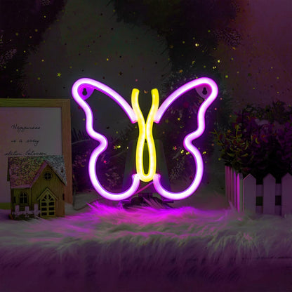 Neon Signs for Bedroom, Butterfly Neon Signs LED Lights USB or Battery Powered,Led Neon Light as Neon Wall Signs for Girls, Light up Sign for Christmas Party Wedding Kids Room (Pink+Yellow)