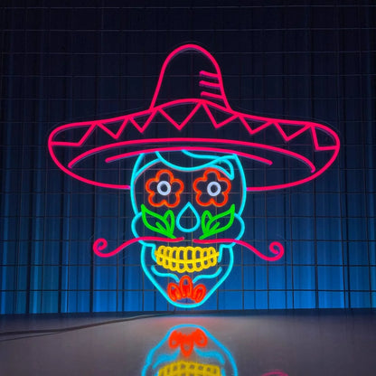 Calaveras Skull in Sombrero Hat Neon Sign, Halloween Decor