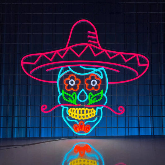 Calaveras Skull in Sombrero Hat Neon Sign, Halloween Decor