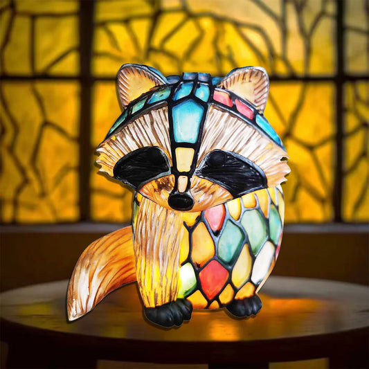 Painting Glass Raccoon Table Lamp Vintage Desk Lamps Decorative 3D Animal Table Lamp Series,Stained Glass Table Lamp Night Light for Bedroom Living Room Home Office Decor Gift