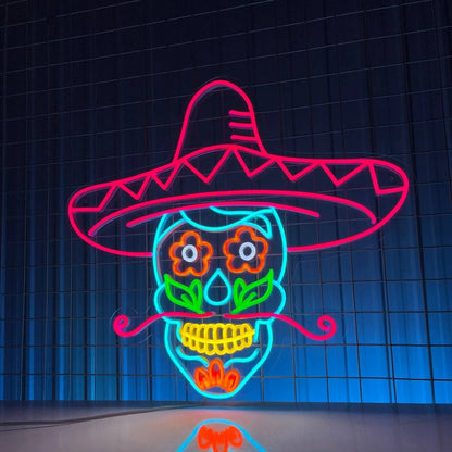 Calaveras Skull in Sombrero Hat Neon Sign, Halloween Decor