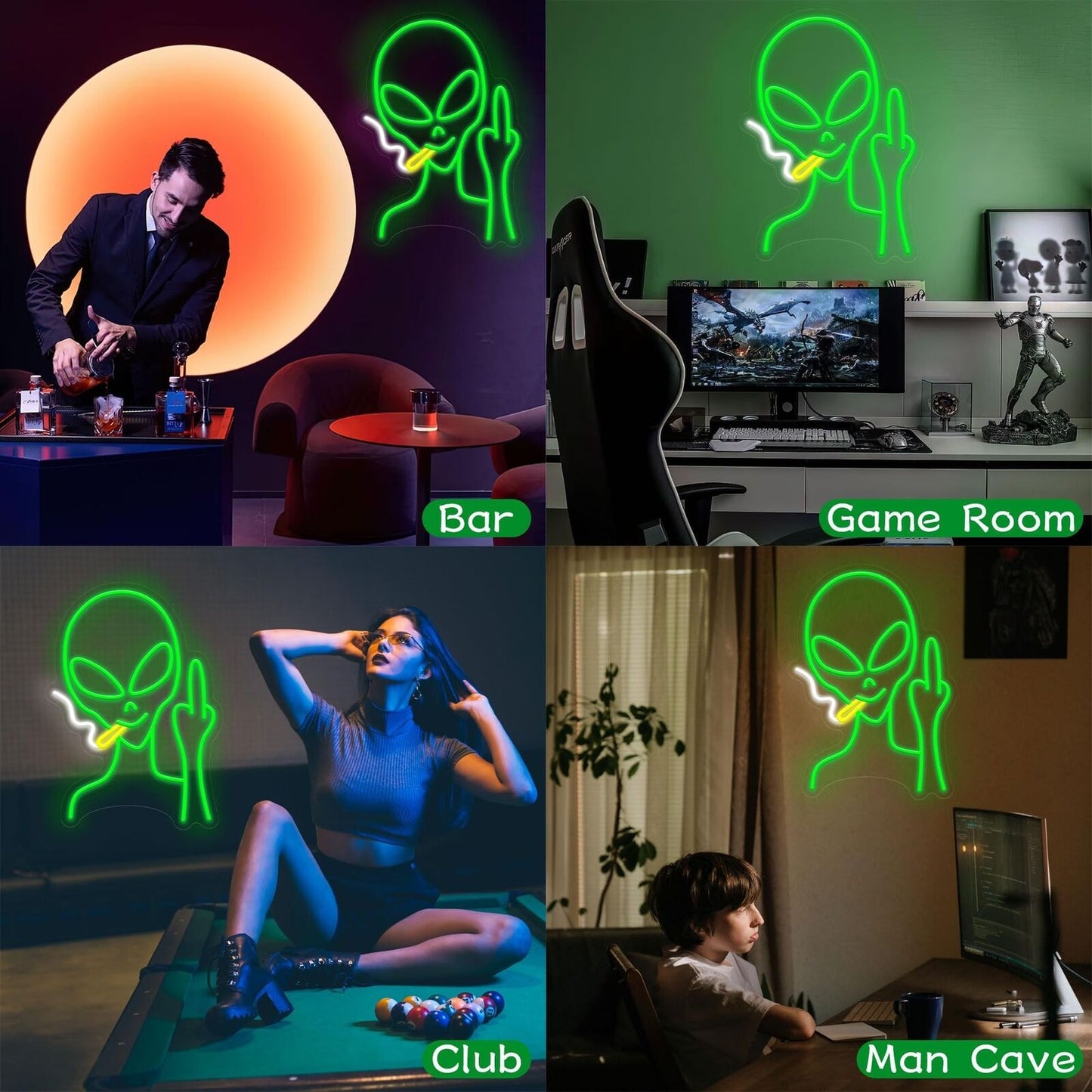 Green Alien Neon Signs, Dimmable LED Neon Signs for Wall Decor Bedroom Man Ca...