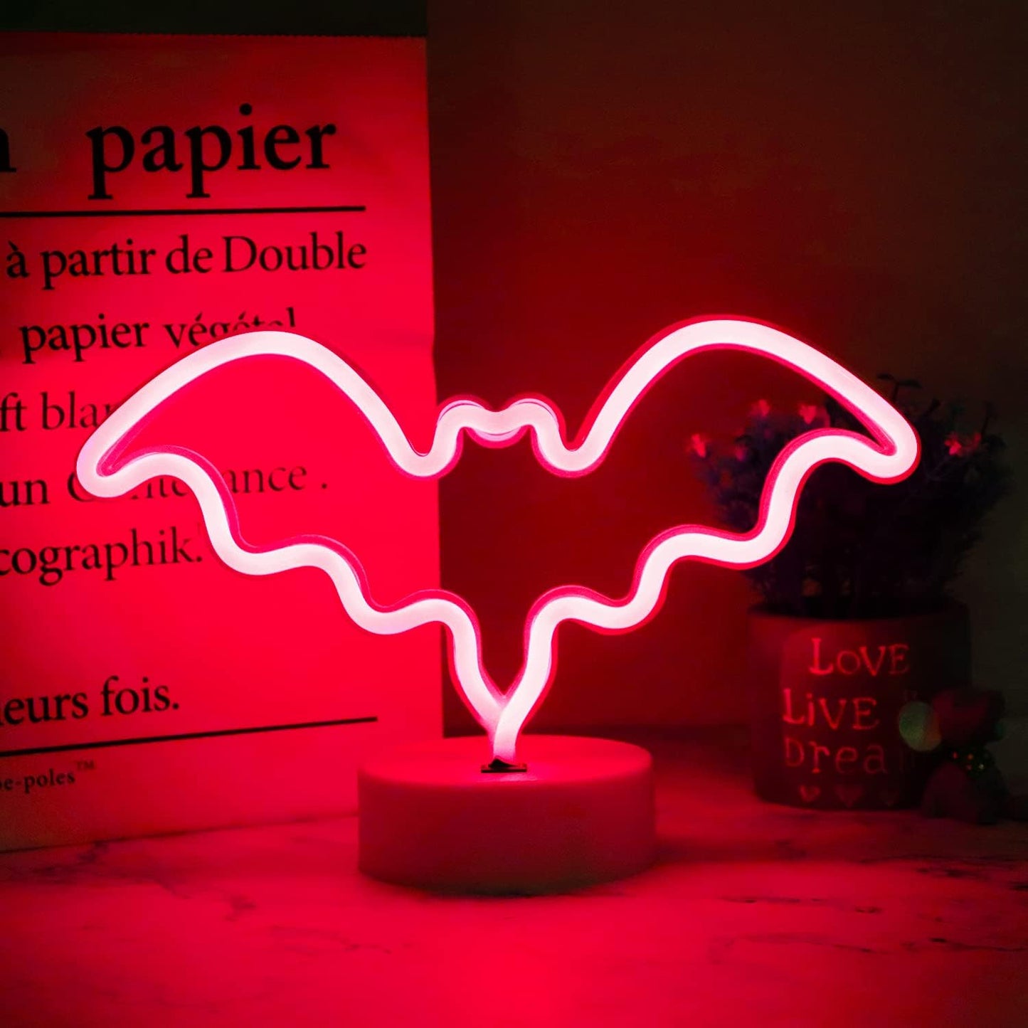 LED Neon Bat Lights Halloween Decorations, Bat Shape Neon Signs Night Lights Battery Operated Desk Table Lamp Gothic Decor for Bedroom, Bar, Wall-Bat with Holder Base(Red)