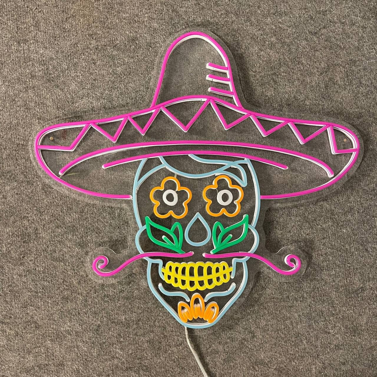 Calaveras Skull in Sombrero Hat Neon Sign, Halloween Decor