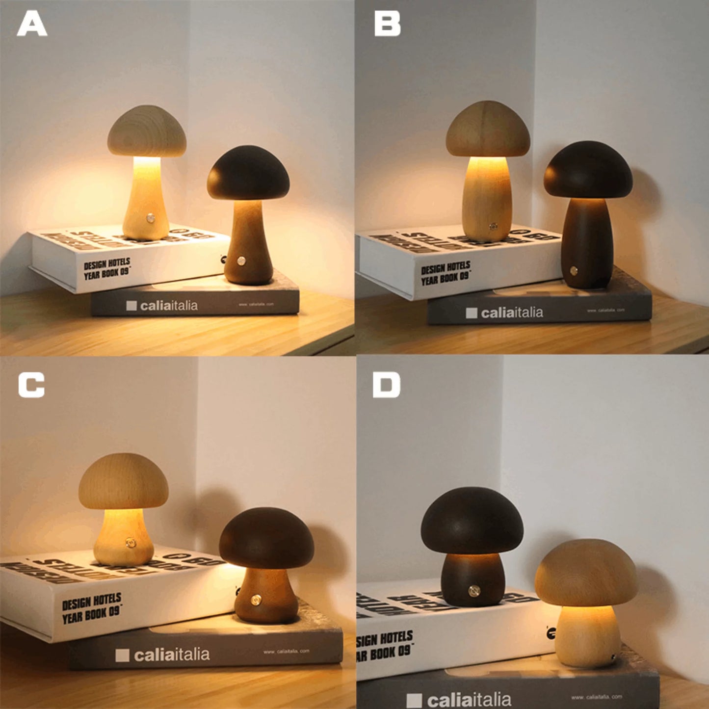 Mushroom Lamp, Dimmable LED Creative Wood Night Light with USB Charging for Home Decor