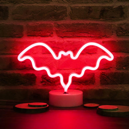 LED Neon Bat Lights Halloween Decorations, Bat Shape Neon Signs Night Lights Battery Operated Desk Table Lamp Gothic Decor for Bedroom, Bar, Wall-Bat with Holder Base(Red)