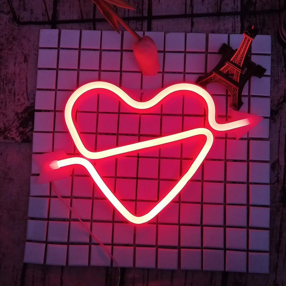 Neon Heart Signs Led Neon Lights up Sign Decorative Neon Wall Light for Girls Room (Lavender Cupid) (Red)